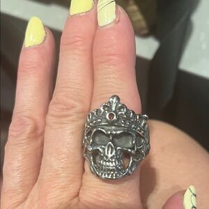 Stainless Skull Ring with Crown and ruby red stone